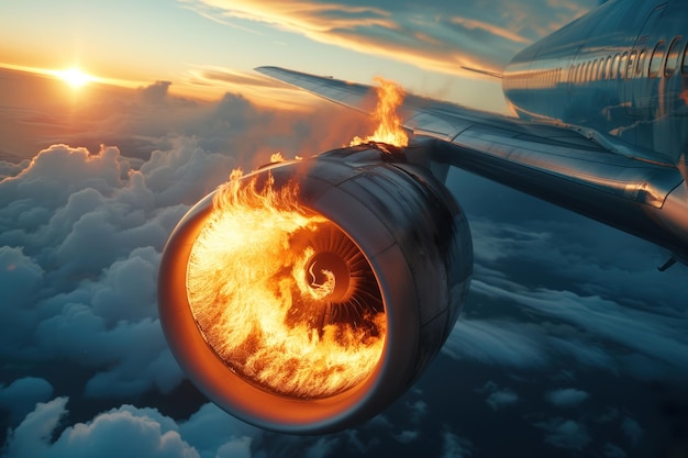 Foto un motor de un avión se averió y se incendió durante el vuelo de una generación