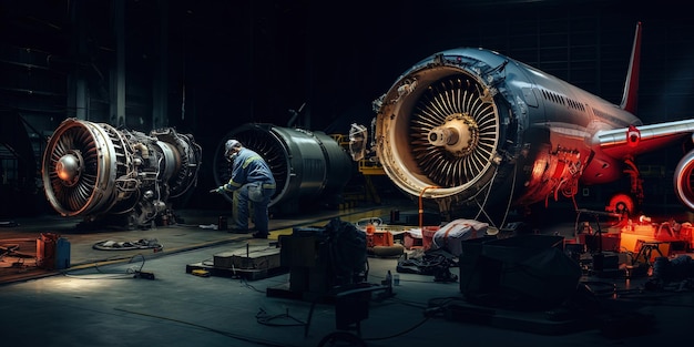 motor de avión roto reparado en el hangar