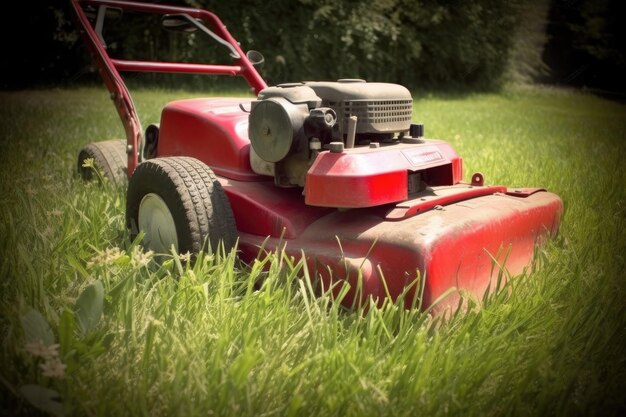 Motor de césped sobre hierba verde en el jardín moderno Máquina para cortar césped