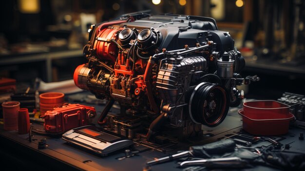 El motor del coche está en la mesa.