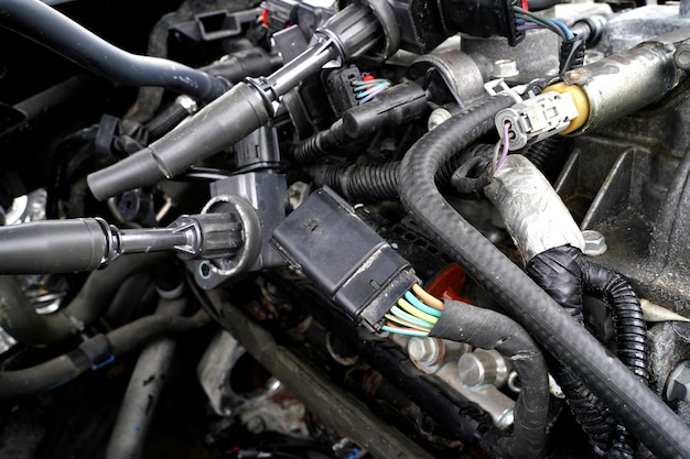 El motor del coche está en reparación bajo el capó