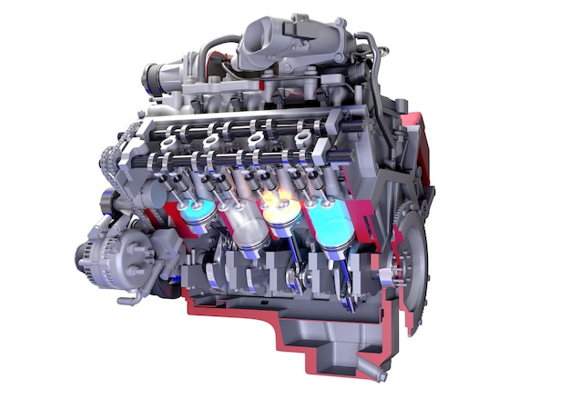 Foto motor de carro cutaway v8 com renderização 3d de ignição seccionada em fundo branco