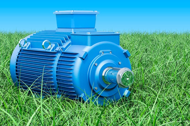 Motor elétrico industrial na grama verde contra a renderização 3D do céu azul