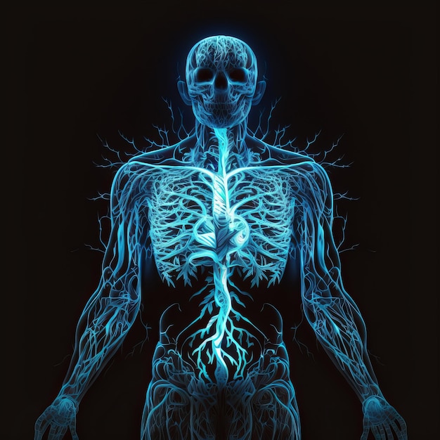 Motor irreal del cuerpo humano transparente sobre IA generativa de fondo negro