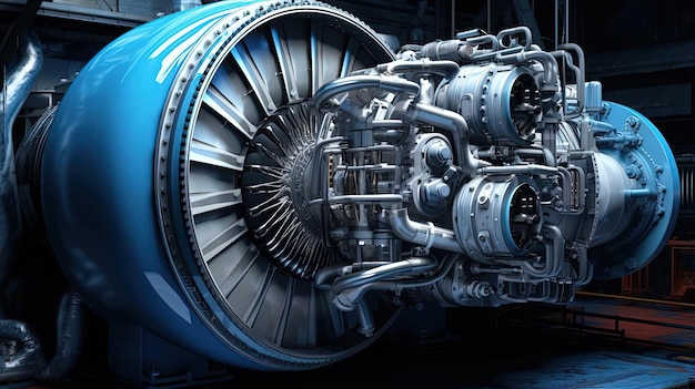 un motor a reacción azul se encuentra en una zona industrial al estilo de detalles hiperrealistas