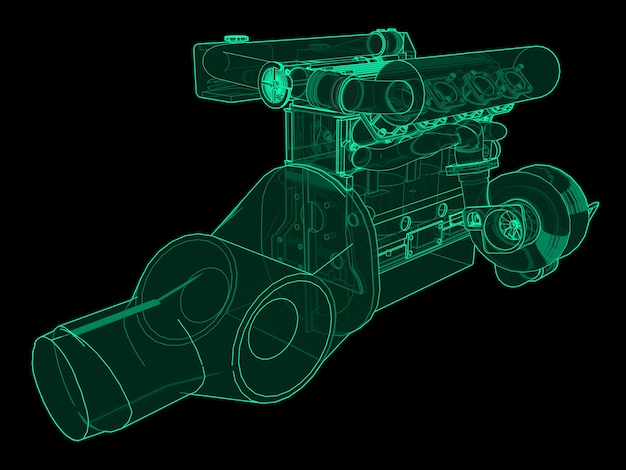 Motor turboalimentado de cuatro cilindros y alto rendimiento para un automóvil deportivo. Ilustración de resplandor de neón verde sobre un fondo negro. Representación 3D.