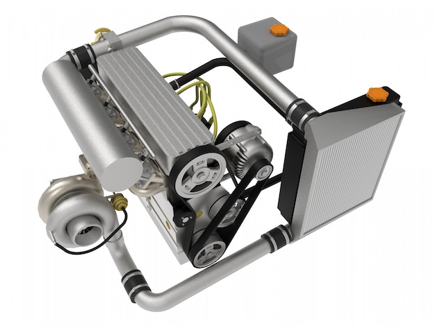 Un motor turboalimentado de cuatro cilindros y alto rendimiento para un automóvil deportivo. Representación 3d