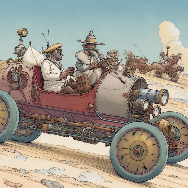 Motor de vapor vintage Ilustración dibujada a mano de un coche viejo