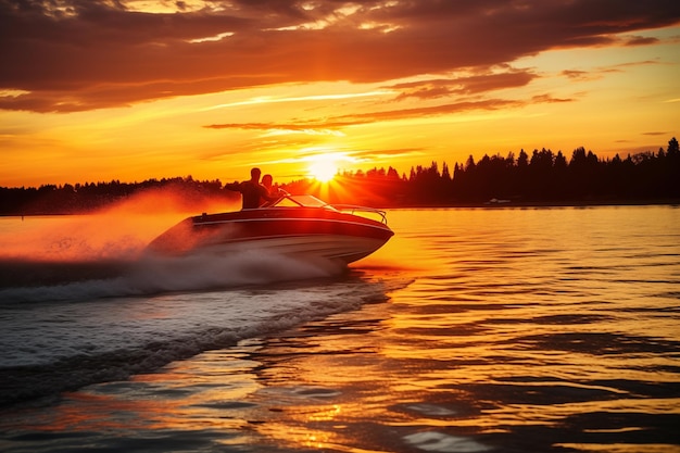 Motorboat rebocando esquiador de água em um pôr-do-sol romântico e vibrante