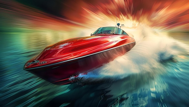 Foto motorboat vermelho de alta velocidade correndo na água com efeito de desfocamento de movimento dinâmico potência de velocidade e excitação transporte de água rápido ai