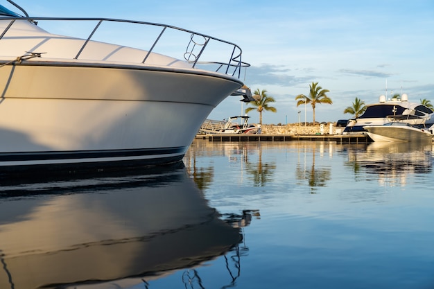 Motorboot angedockt am tropischen Yachthafen mit Palmen und blauem Himmel Reise- und Urlaubskonzept