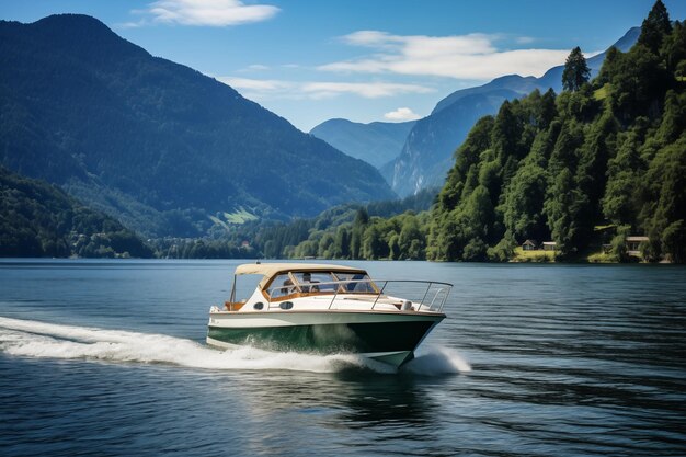 Motorboot segelt auf einem ruhigen See über Berge und grünen Wäldern Generative KI