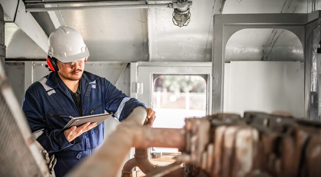 Foto motoreningenieur inspiziert große maschinen im werk. wartungstechniker für eisenbahnlokomotiven, maschinenreparatur-mechaniker