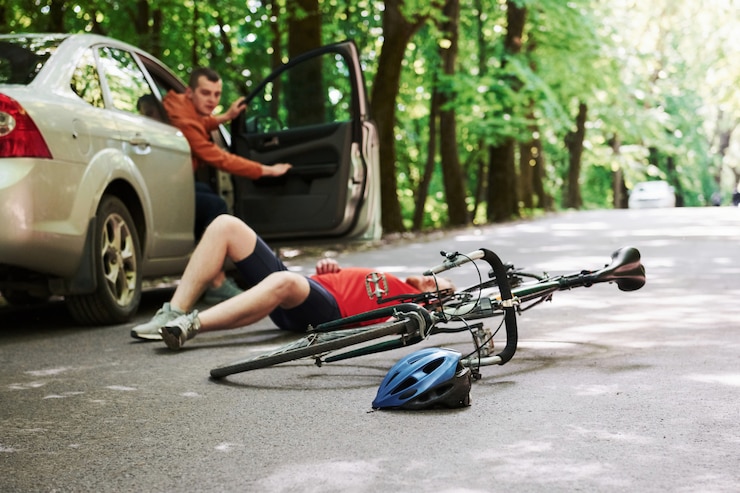 Foto motorista abrindo a porta. vítima no asfalto. bicicleta e acidente de carro prateado na estrada na floresta durante o dia