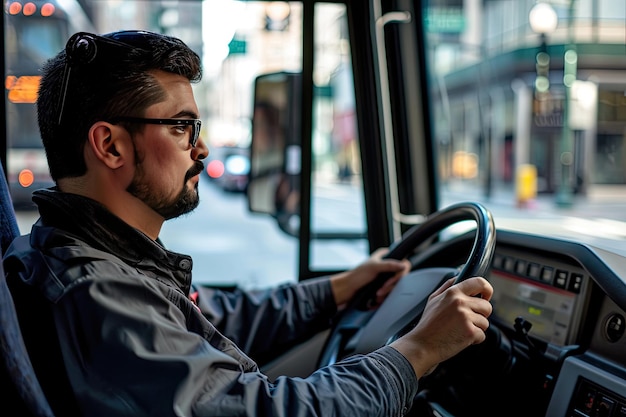 Motorista de autocarro a navegar pelas ruas da cidade com experiência Motorista de autobús especialista a manobrar pelas rúas da cidade habilmente