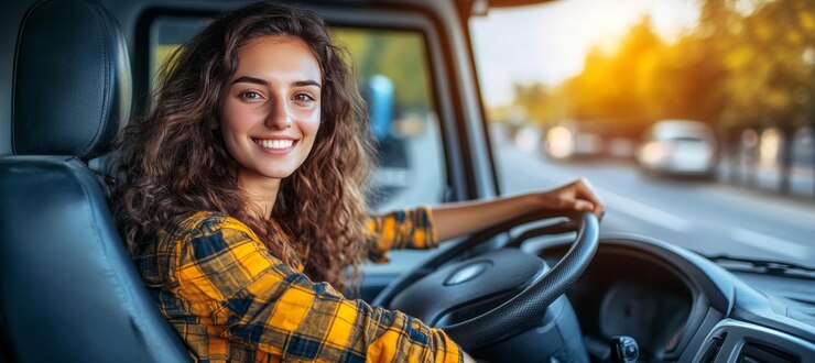 Foto motorista de caminhão feliz sorrindo para a câmera enquanto dirige o conceito de transporte e logística