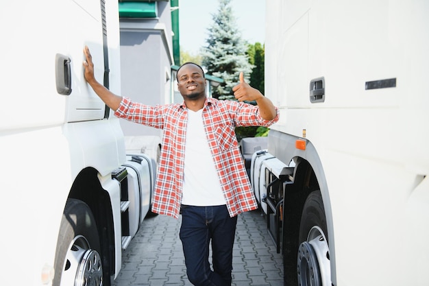 Foto motorista de caminhão homem afro-americano musculoso sorrindo em transporte de negócios de longa data e entrega