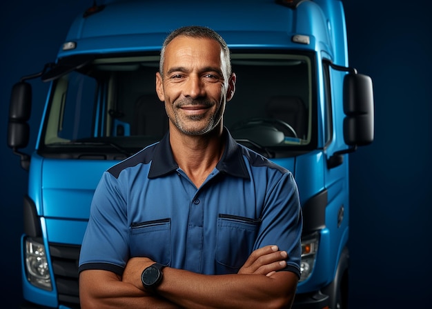 Motorista de caminhão isolado em ilustração de fundo azul simples
