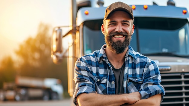 Foto motorista de caminhão sorrindo na frente de seu caminhão com espaço de cópia