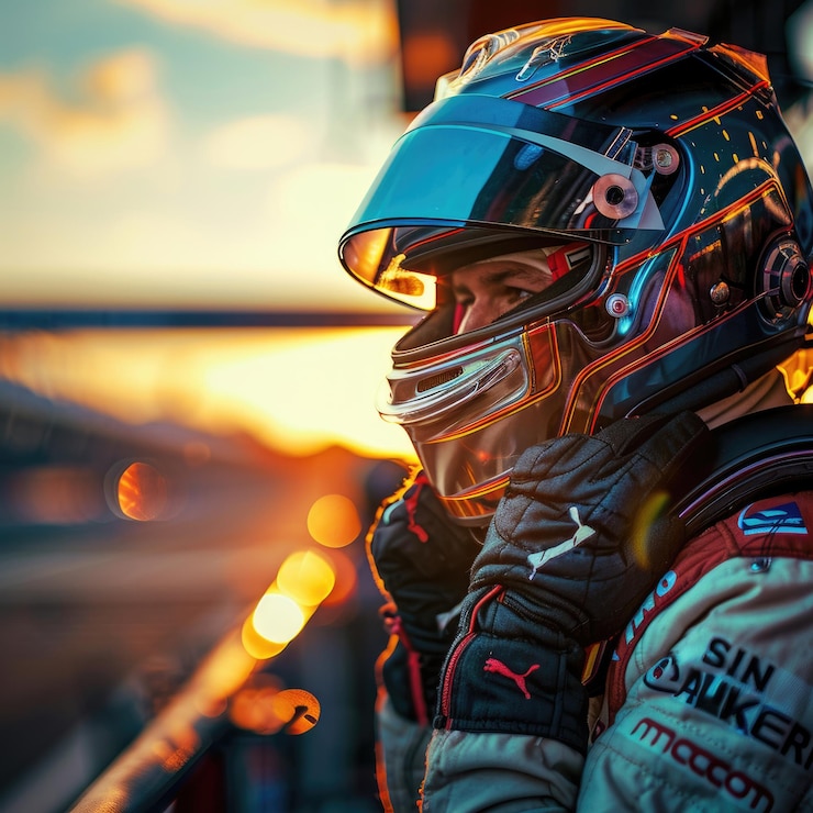 Foto motorista de carro de corrida usando um capacete e terno de corrida pôr do sol no fundo