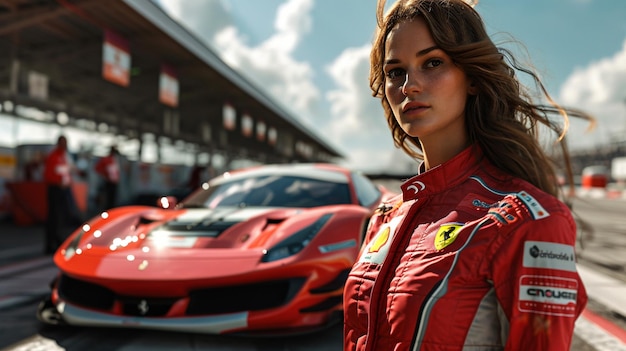 Foto motorista de corrida feminina usando capacete e terno de corrida em uma pista de corrida