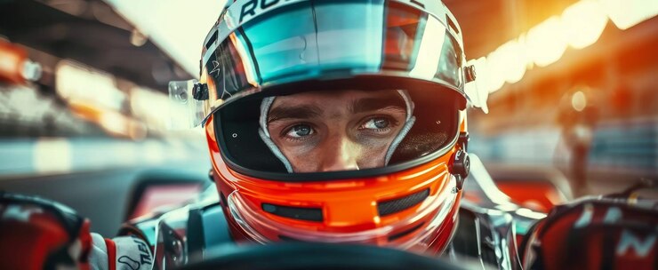Foto motorista de corrida focado em capacete close upxa