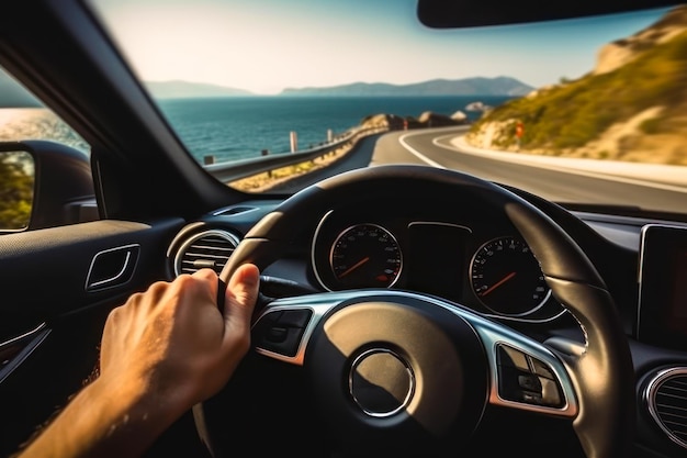 Motorista de mãos segura viagem de volante para o mar de carro generativo ai