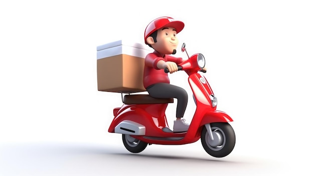 motorista de moto scooter de entrega de fast food de desenho animado 3d Generative Ai