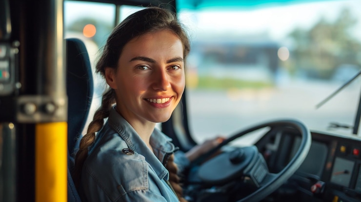 Foto motorista de ônibus feliz no trabalho olhando para a câmera