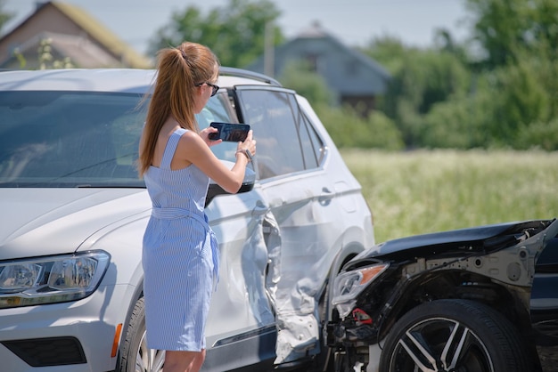 Motorista estressada tirando foto na câmera do celular após colisão do veículo na rua para serviço de emergência após acidente de carro. Segurança rodoviária e conceito de seguro.