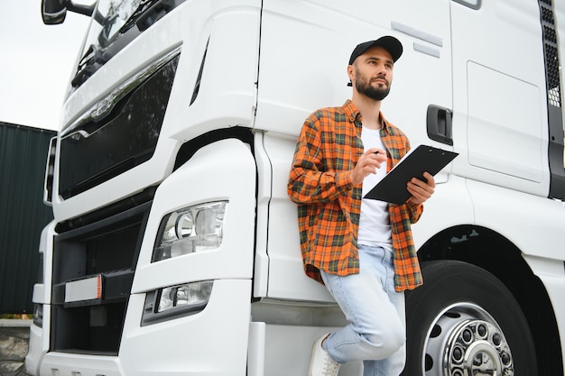 Foto motorista masculino com prancheta perto de caminhão grande ao ar livre