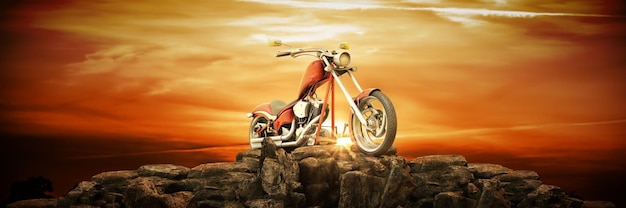 Motorrad bei Sonnenuntergang. 3D-Rendering