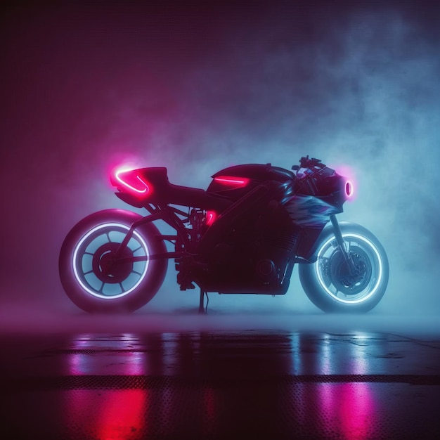 Motorrad in einer futuristischen Nachtstadt mit Neonlicht und Nebel 3D-Rendering