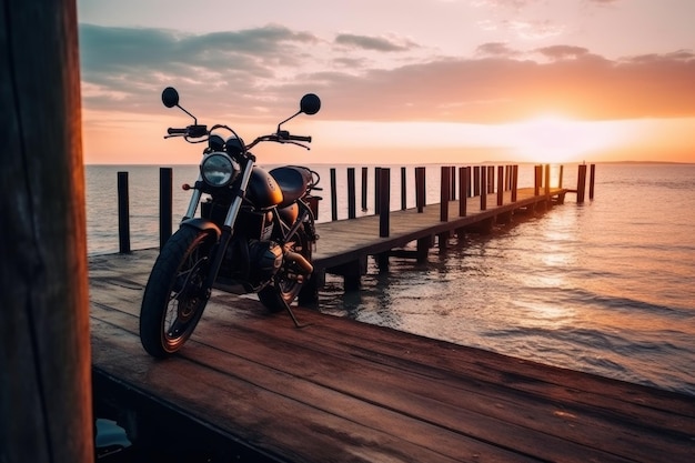 Motorrad-Meer-Sonnenuntergang-Ansicht Generieren Sie Ai