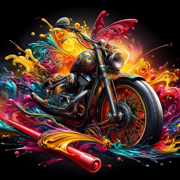 Motorrad mit bunten Farbspritzern auf dunklem Hintergrund 3D-Rendering