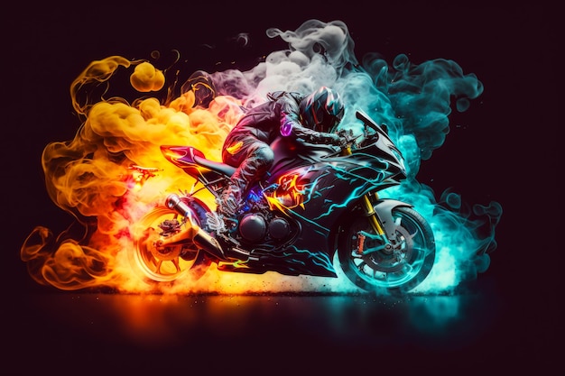 Motorrad mit Flammen und Rauch, der aus ihm herauskommt. Generative KI