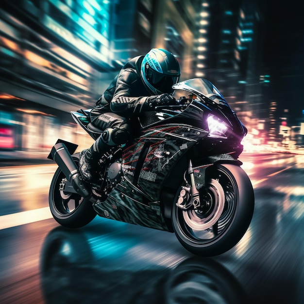 Motorradfahrer auf der Autobahn, während er mit hoher Geschwindigkeit überholt, genießt einen Adrenalinstoß