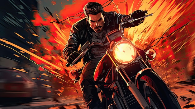 Motorradfahrer auf einem Motorrad, farbenfrohes Kunstwerk im Comic-Stil