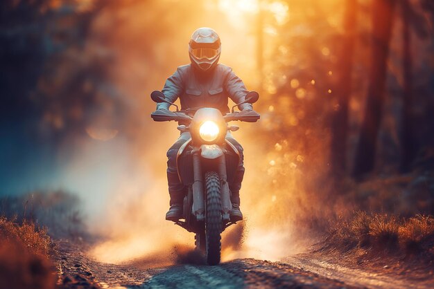 Motorradfahrer auf einem Sport-Enduro-Motorrad, der im Sommer bei Sonnenuntergang auf einer staubigen Waldstraße fährt