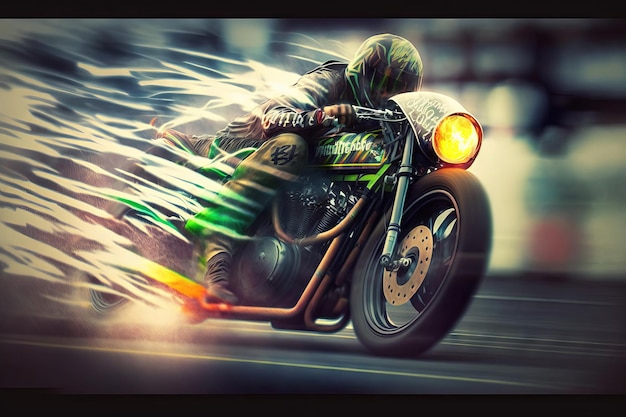Motorradfahrer, der ein Sportmotorrad auf der Straße in Bewegungsunschärfe fährt Generative KI
