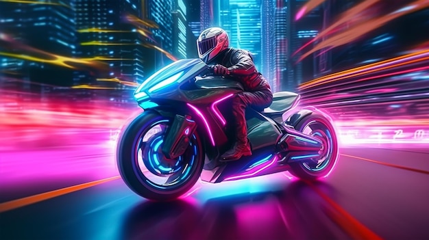 Motorradfahrer fährt nachts mit farbenfrohem Neonlicht auf der Straße