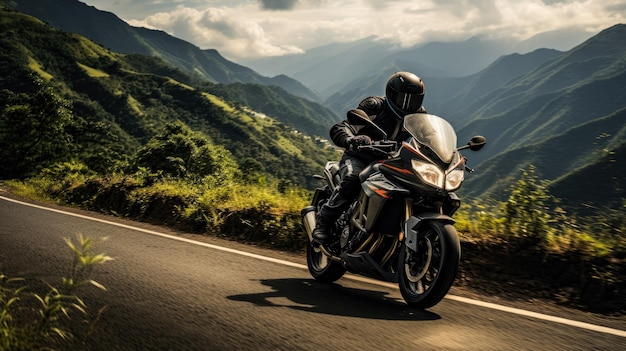 Motorradfahrer navigiert über kurvenreiche Bergstraßen und genießt die landschaftliche Schönheit