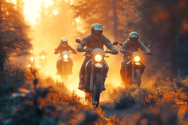 Motorradfahrer Rennfahrer auf Sport-Enduro-Motorrädern in Offroad-Rennen Rallye Reiten auf der Straße im Wald bei Sonnenuntergang