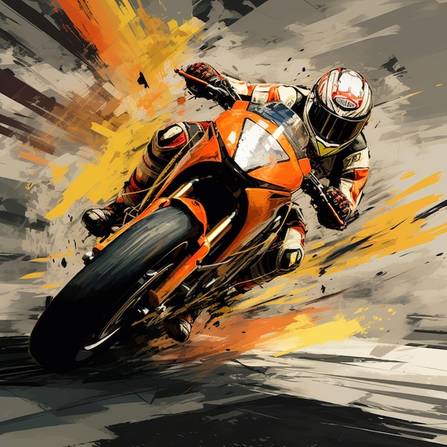 Motorradrennfahrer beschleunigt auf einer Kurve in Richtung Lichter