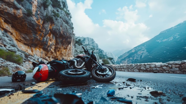 Motorradunfall auf der Mountain Road Fahrer von ihren Fahrrädern geworfen Helme auf dem Boden verstreut