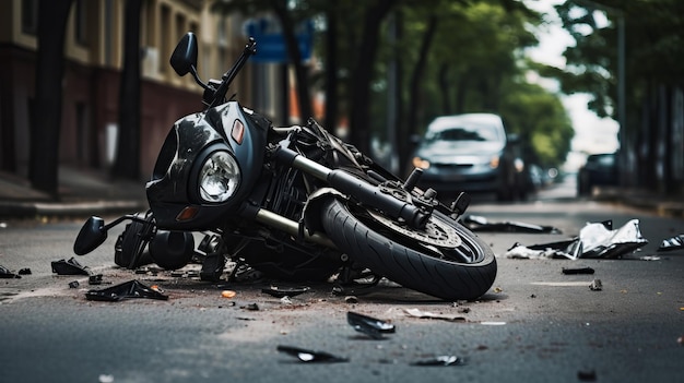 Motorradunfall mit kaputtem Fahrrad nach gefährlichem Unfall auf der Stadtstraße