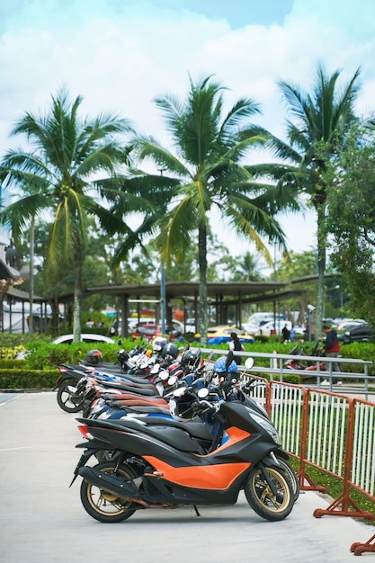 Motos estacionadas na rua, área de estacionamento.