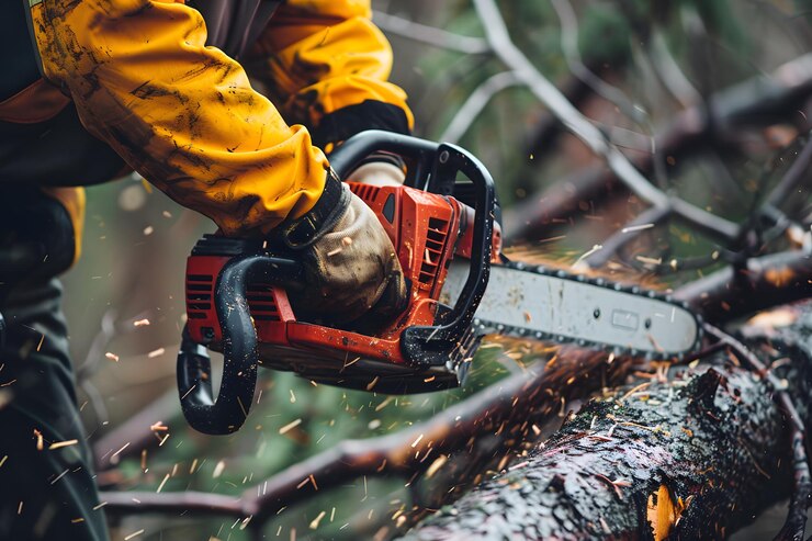 La motosierra en acción corta un árbol con precisión