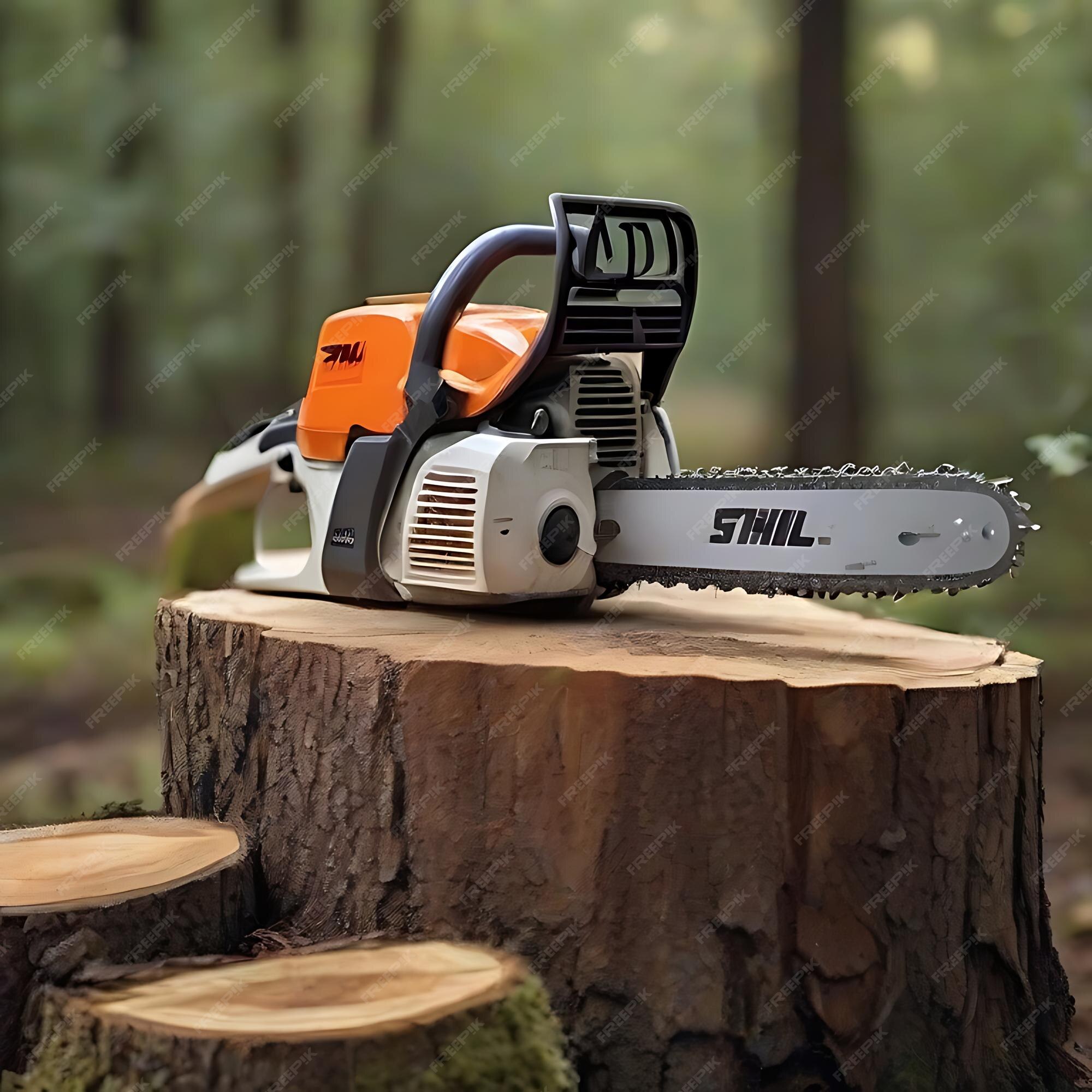 La motosierra stihl se encuentra en un tocón en el bosque ai