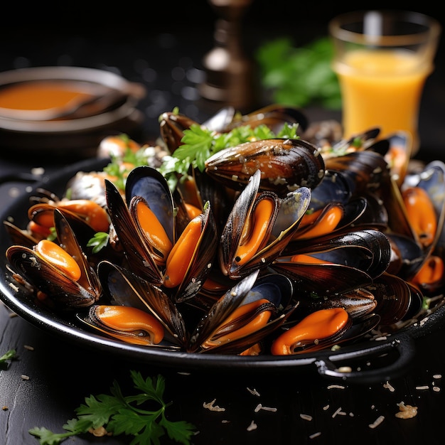 Moules Marinieres Mexilhões cozidos em caldo de vinho branco e alho Mexilhões ao vapor